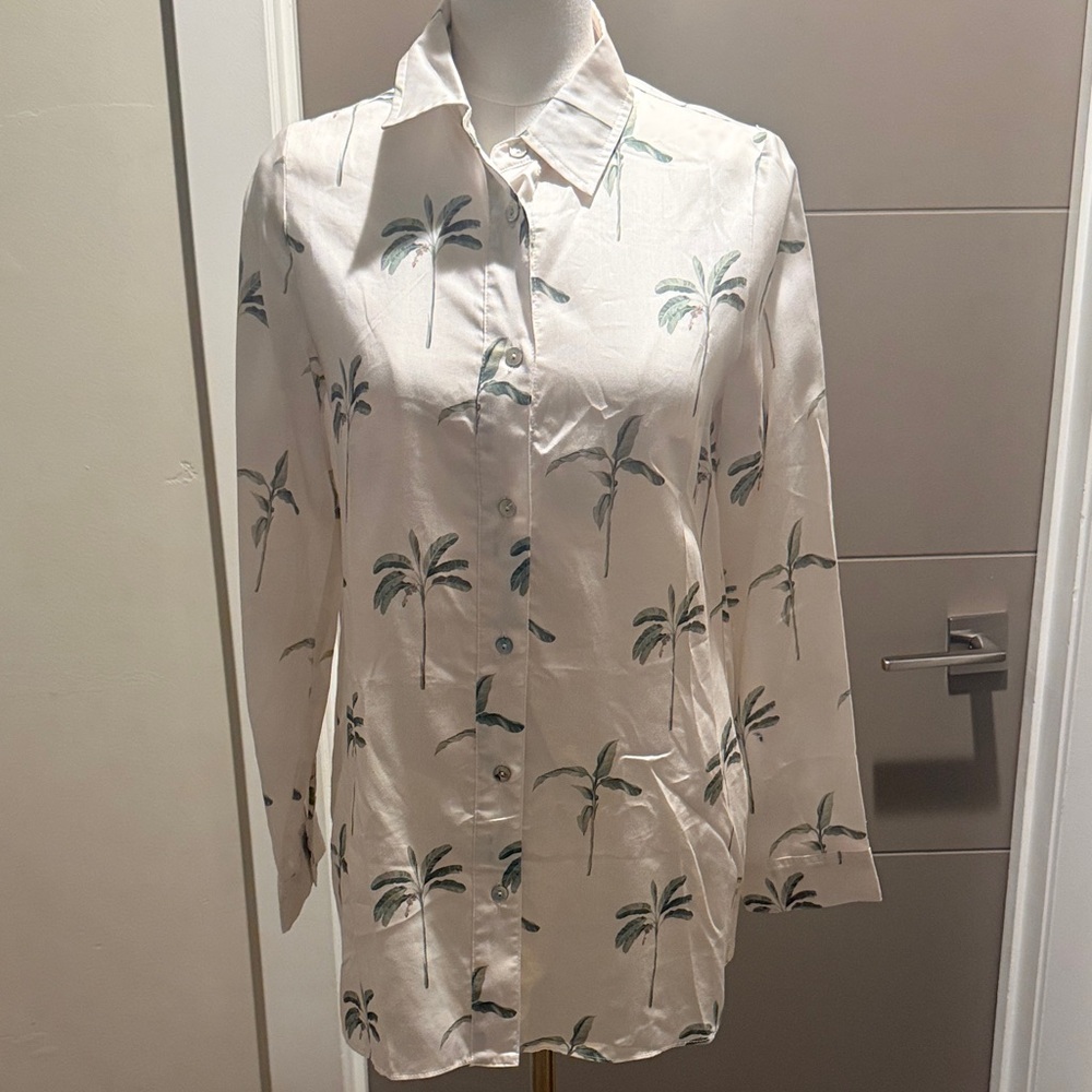 Women's Cream Button-Down Shirt with Palm Print